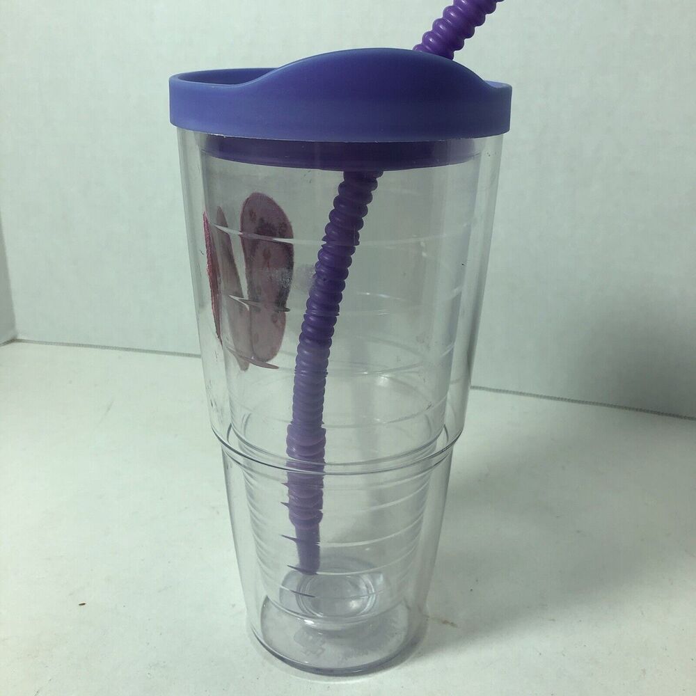Tervis Tumbler Cup 24 oz Pink Daisy Flip‎ Flops Beach w Purple Lid & Straw C1